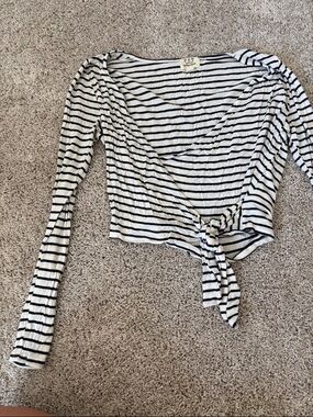 PST Lively Black & White Striped Tie-Waist Crop Top